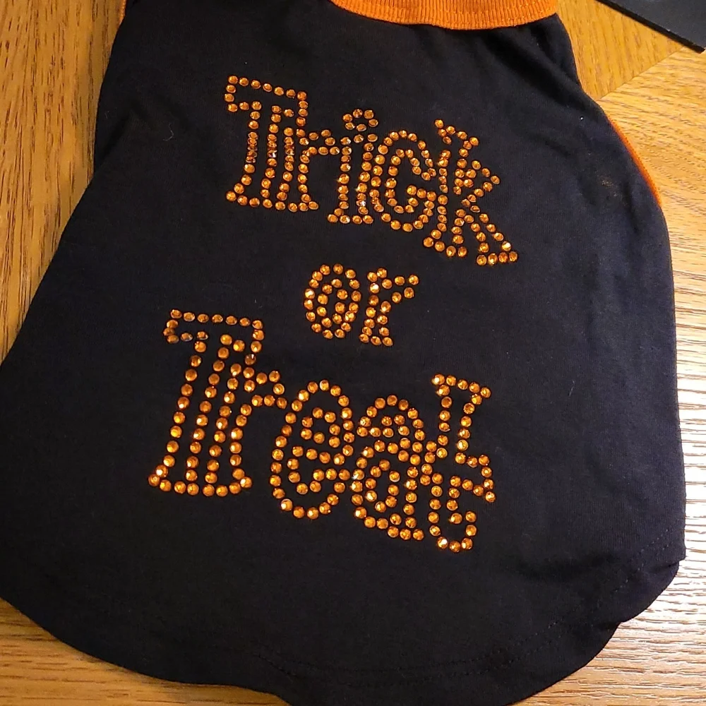 Trick or Treat Rhinestone Pull Over T-Shirt Small Dog Black Orange Halloween
